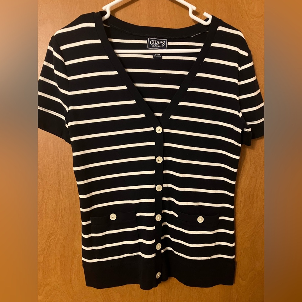 Chaps Classics Women's Navy Blue White Stripe V Neck Pullover Top Size Medium